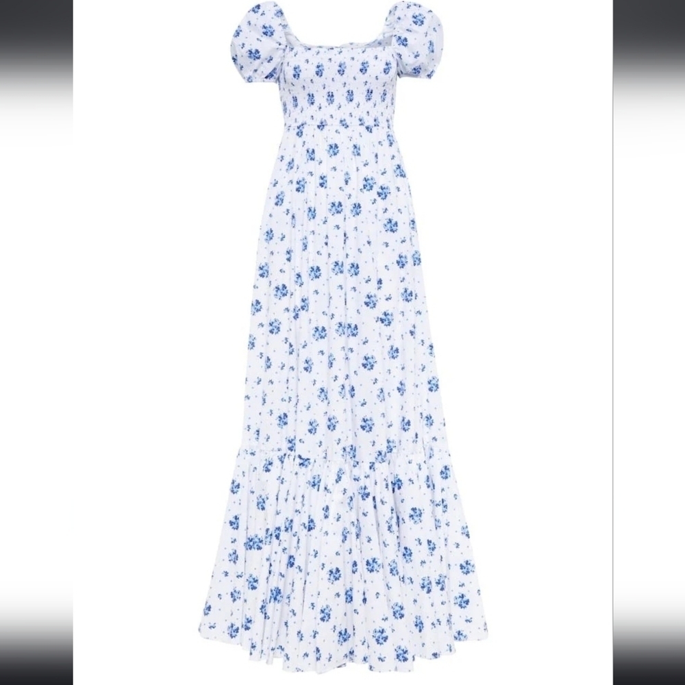 Caroline Constas Gianna Smocked Puff Sleeve Maxi Dress Blue Spot Floral Size XL - Picture 6 of 14